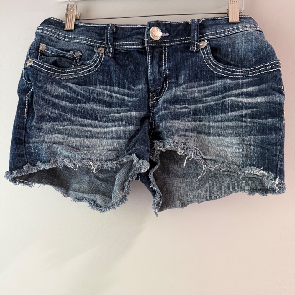 Ariya Jeans Denim Shorts Womens Dark Wash Cut Off Embroidered Boho Distressed